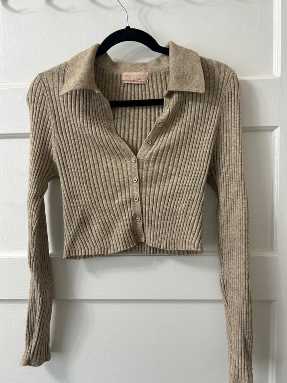 Urban Outfitters Tan Ribbed Button-Front Collared Crop Cardigan